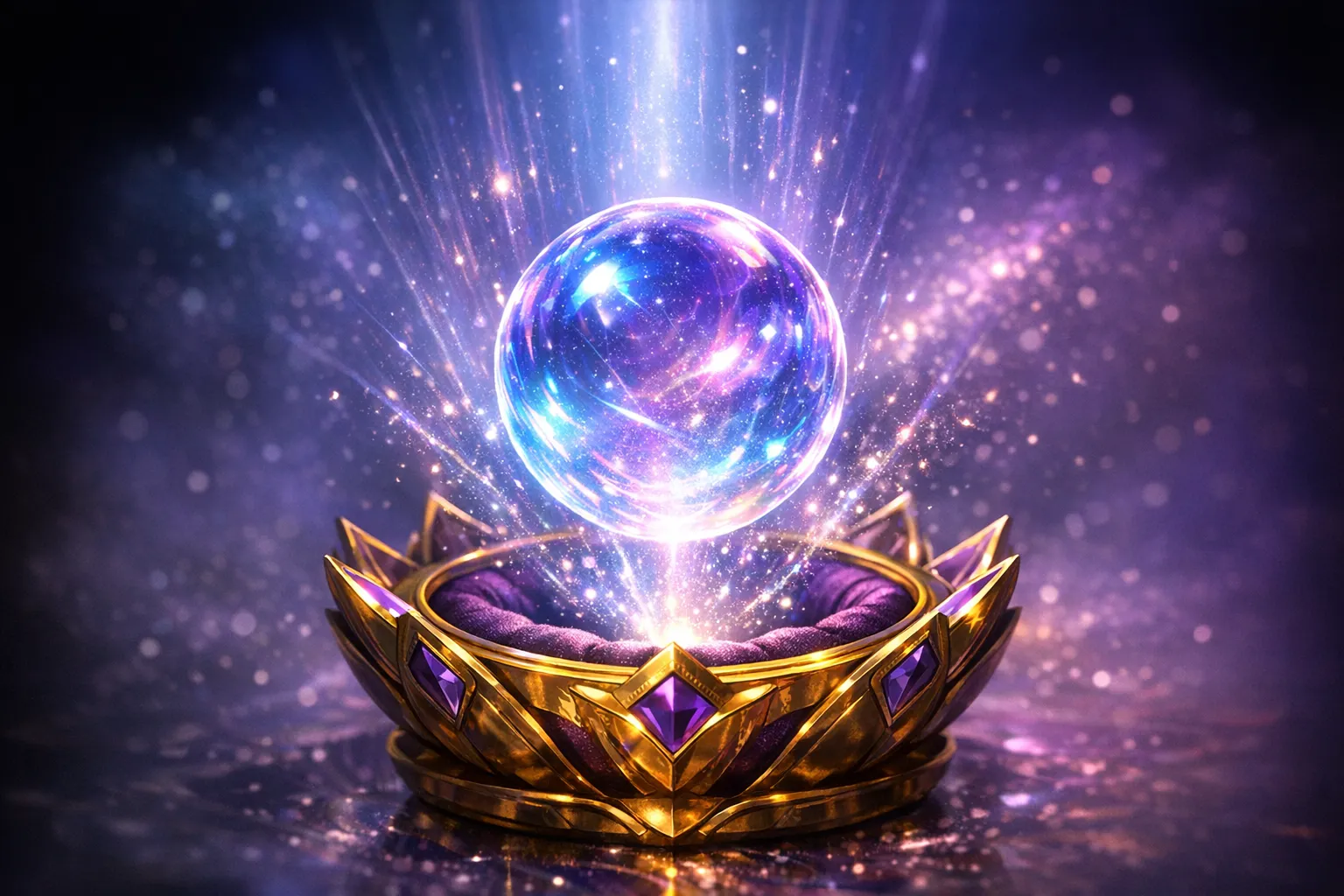 Glowing aura orb floating over a dark casino-inspired backdrop with gold particles and soft rim light
